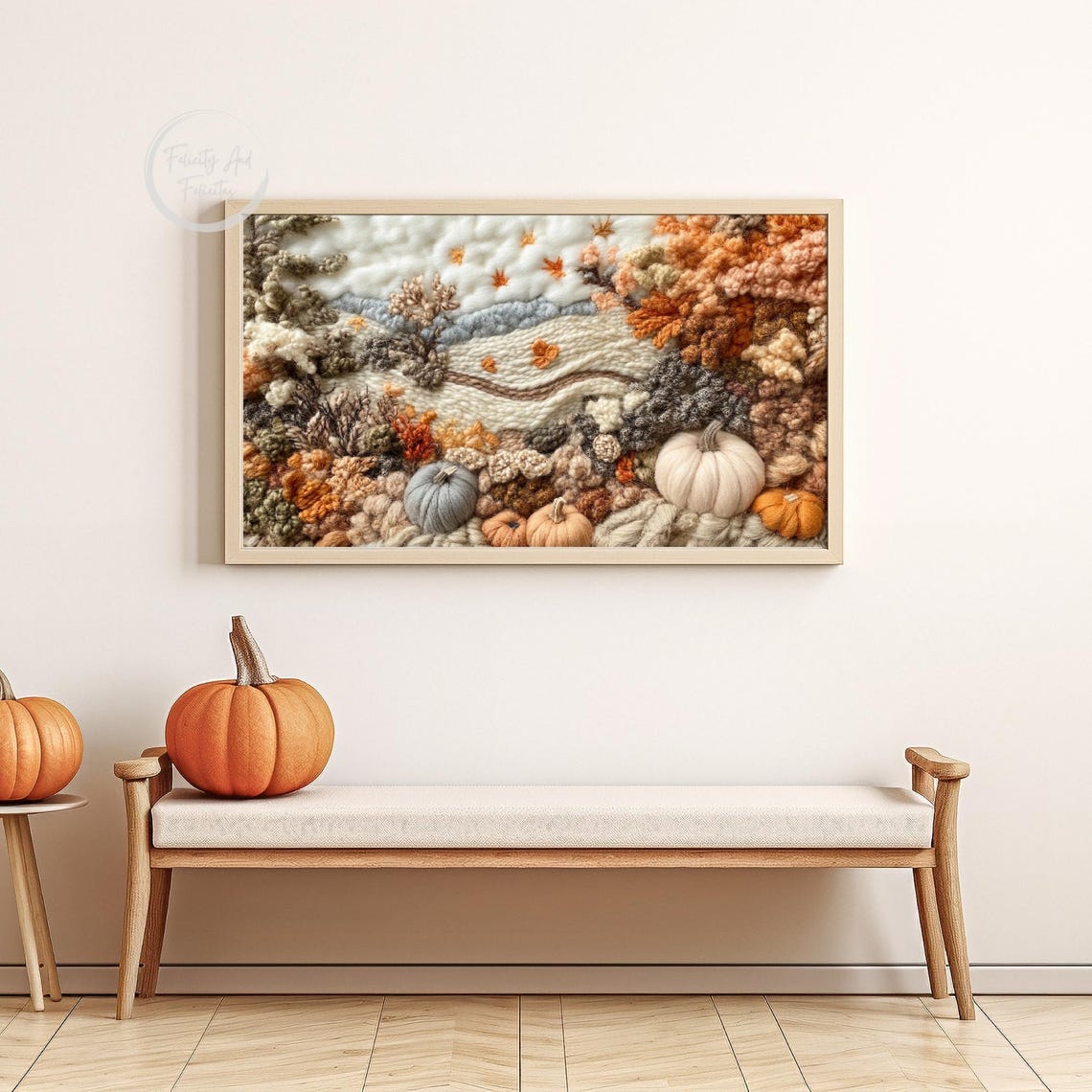 Textured Wool Fiber Art Autumn Landscape Pumpkins Fall Field Poster - Image 6