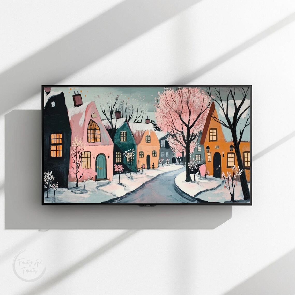 Pastel Valentines Winter Village Pink Trees Snowy Lane Poster - Image 3