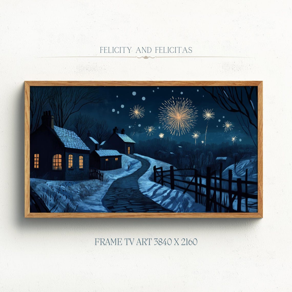 Snowy Village Night Fireworks Winter Celebration Frame TV Art Poster