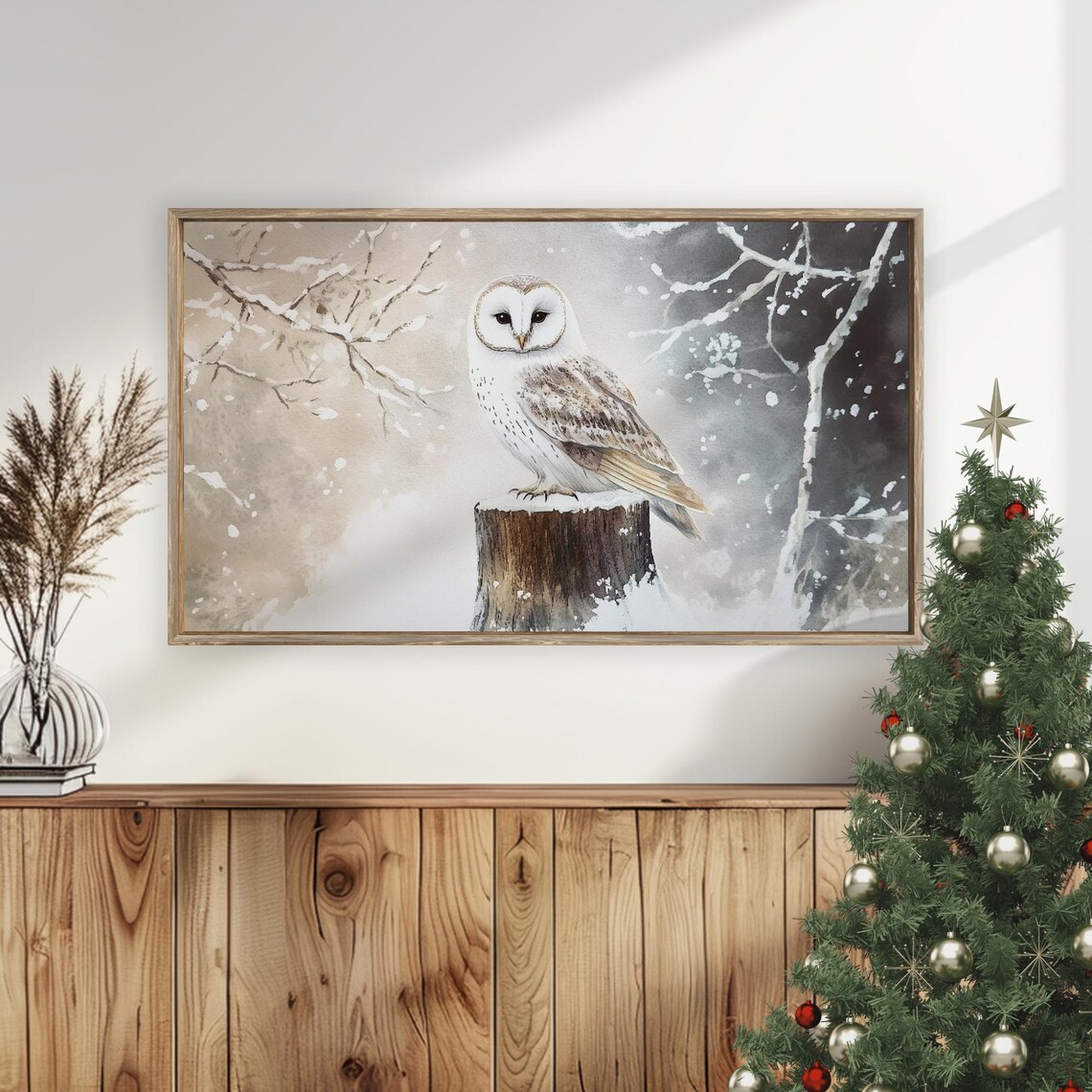 Barn Owl Snowy Branch Watercolor Winter Wildlife Animal Portrait Poster - Image 4