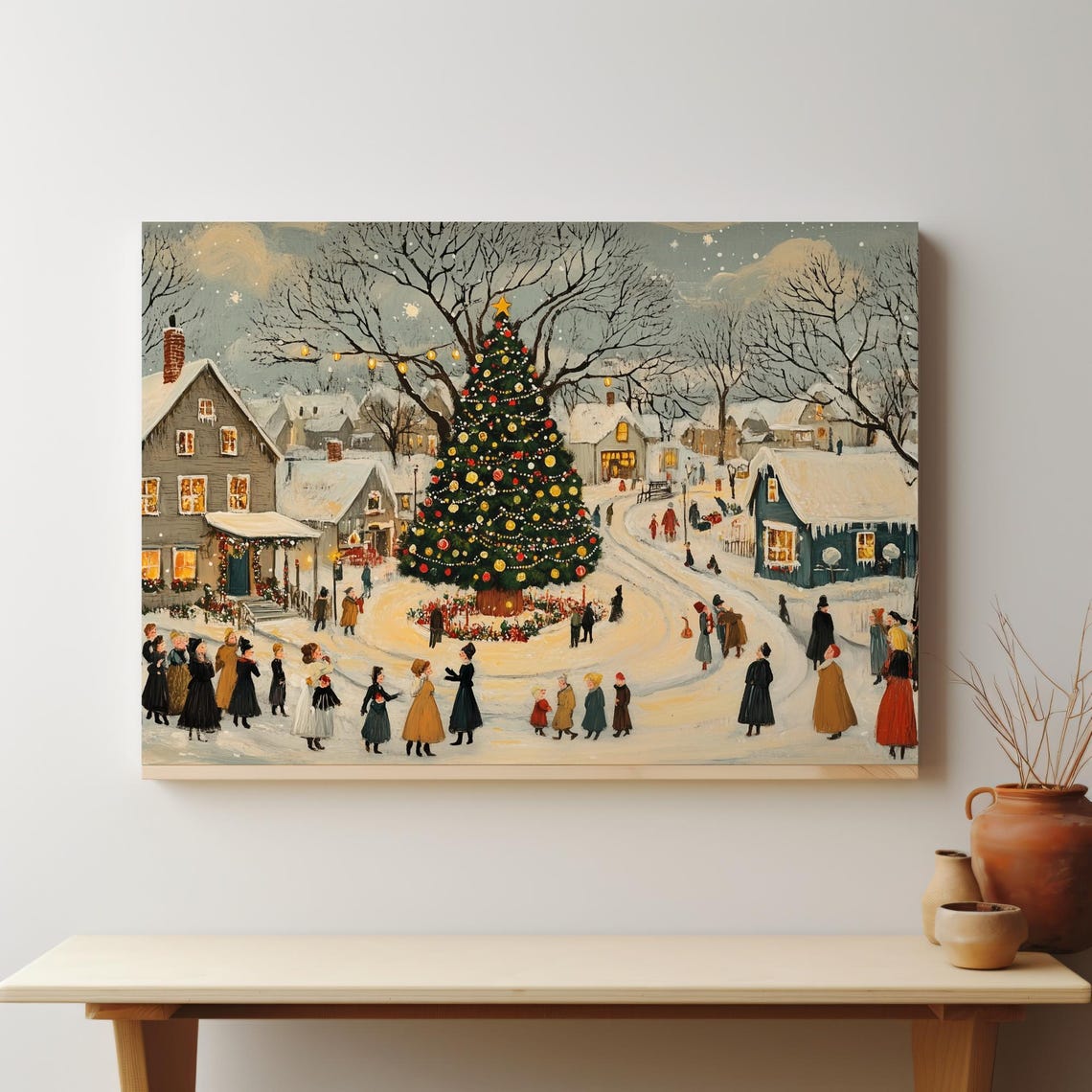 Christmas Eve Town Square Big Tree Villagers Folk Art Poster - Image 4