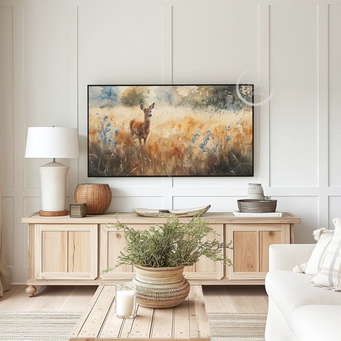 Deer in Golden Autumn Meadow Watercolor Blue Wildflower Art Poster - Image 6