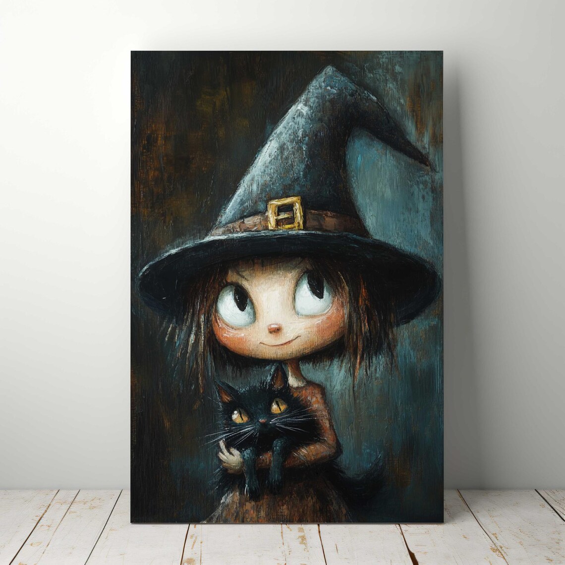 Cute Little Witch Holding Black Cat Big Eyes Spooky Halloween Portrait Poster - Image 5