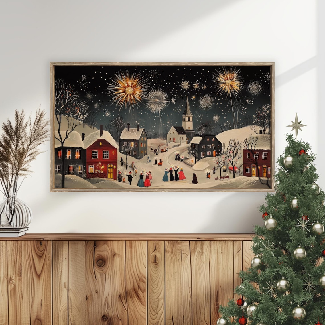 New Years Eve Fireworks Snowy Village Church Night Vintage Poster - Image 5