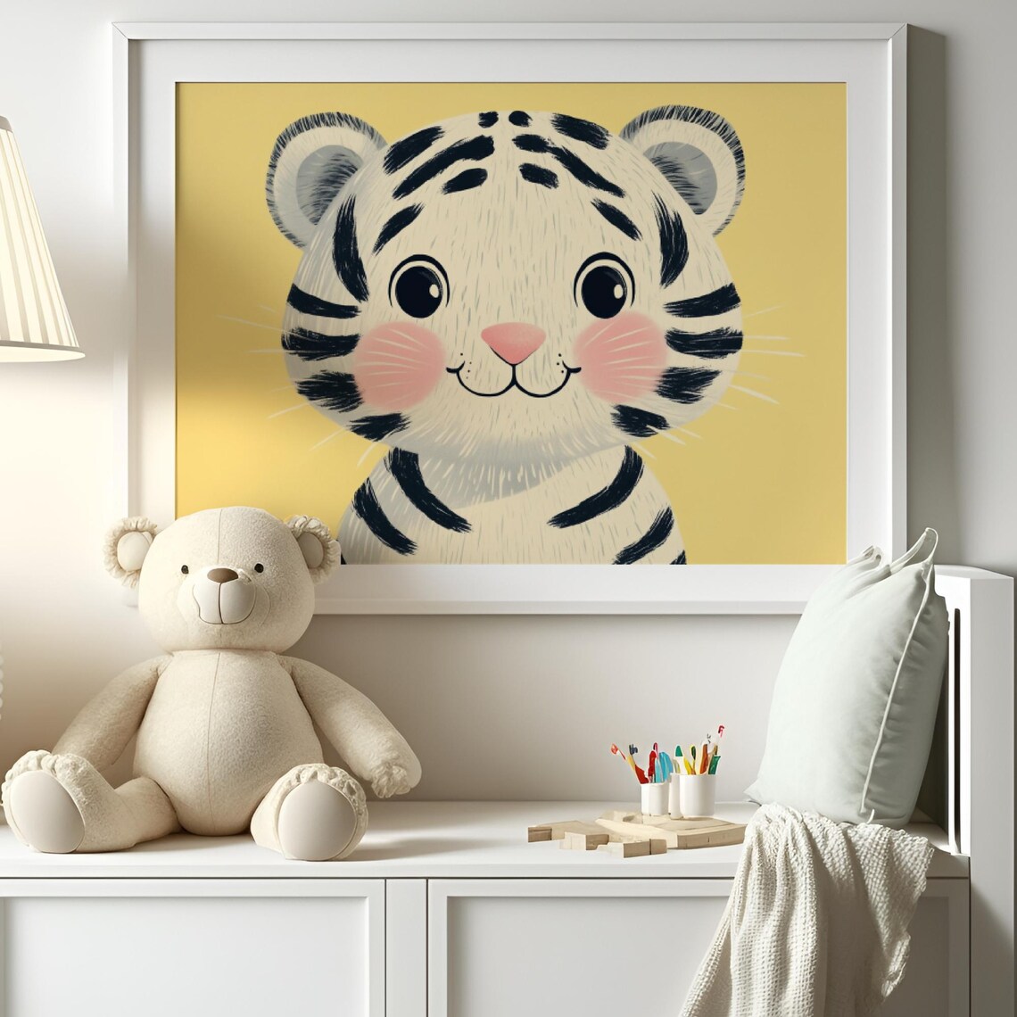 Cute White Tiger Cub Face on Yellow Cheerful Kids Room Wall Art