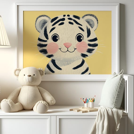 Yellow Nursery Wall Art Cute Animal Nursery Print Kids Playroom Pastel Yellow Toddler Room Art