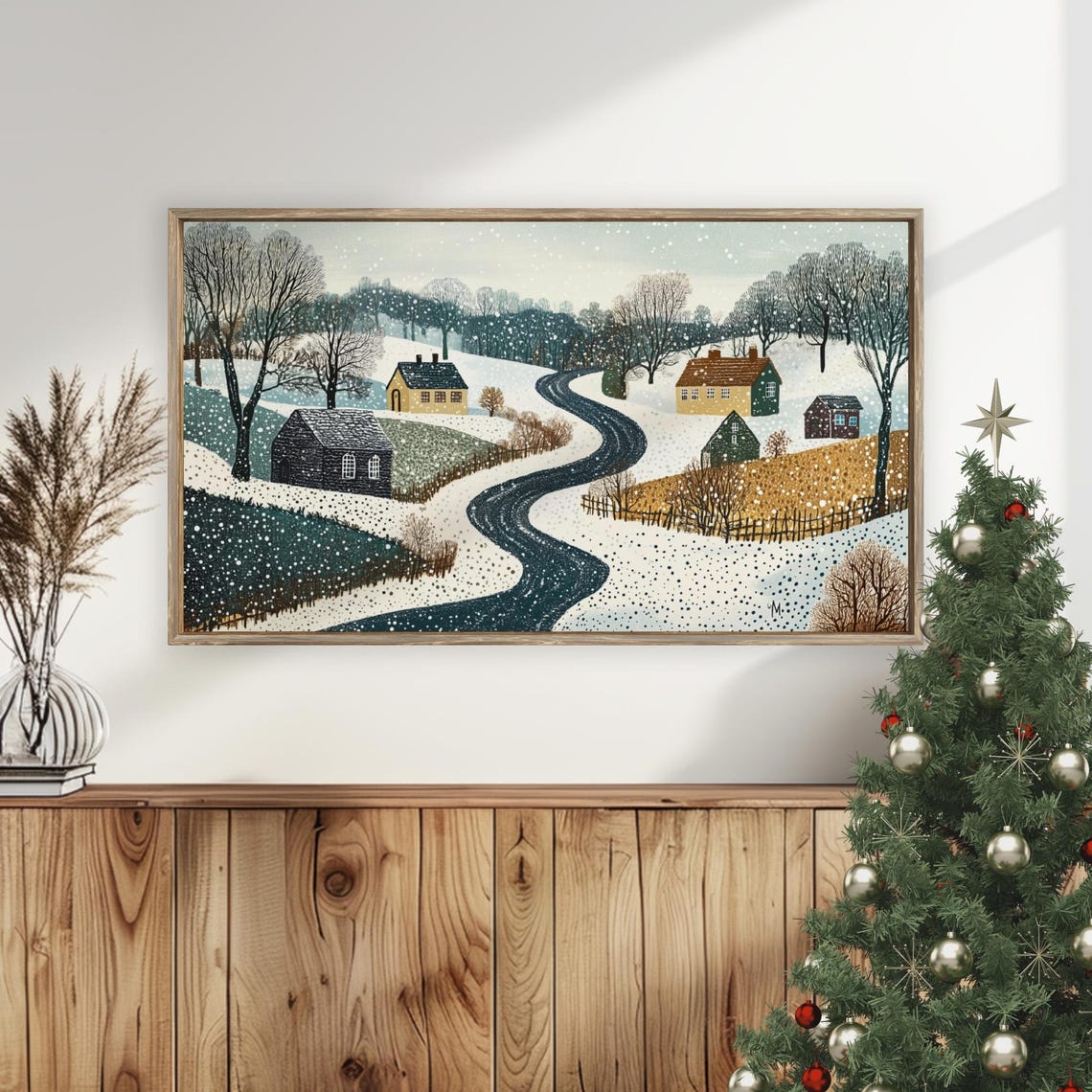 Snowy Countryside Winding Road Cottages Dot Texture Winter Poster - Image 5