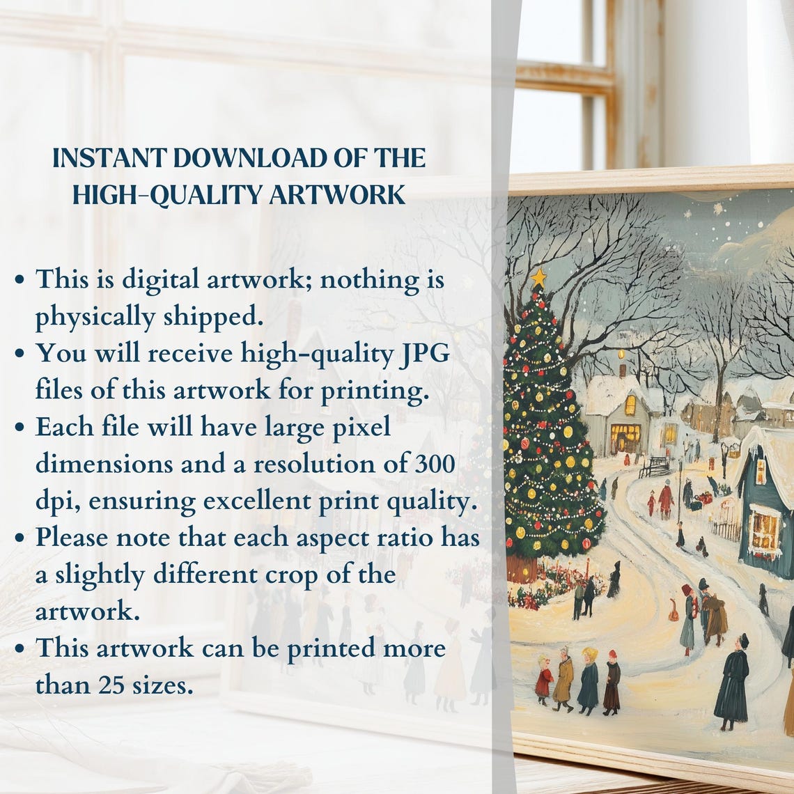 Christmas Eve Town Square Big Tree Villagers Folk Art Poster - Image 2