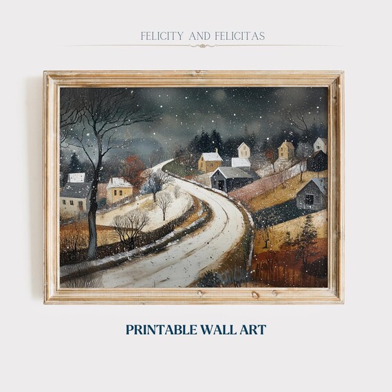 Moody November Night Snowy Winding Road Winter Storm Scene Poster