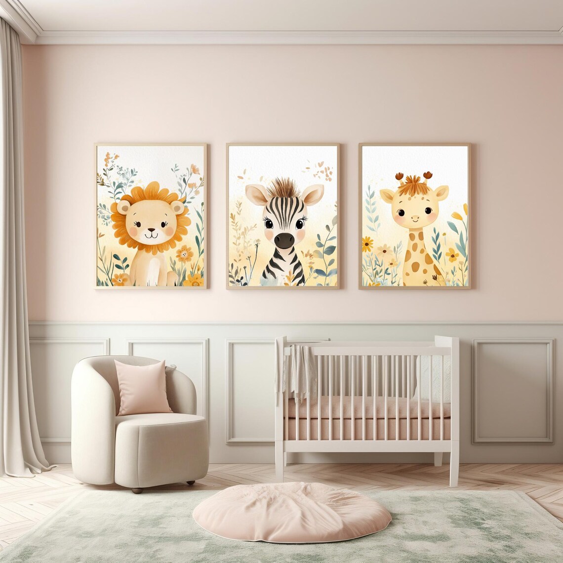 Safari Nursery Set Lion Zebra Giraffe Yellow Floral Kids Wall Art - Image 4