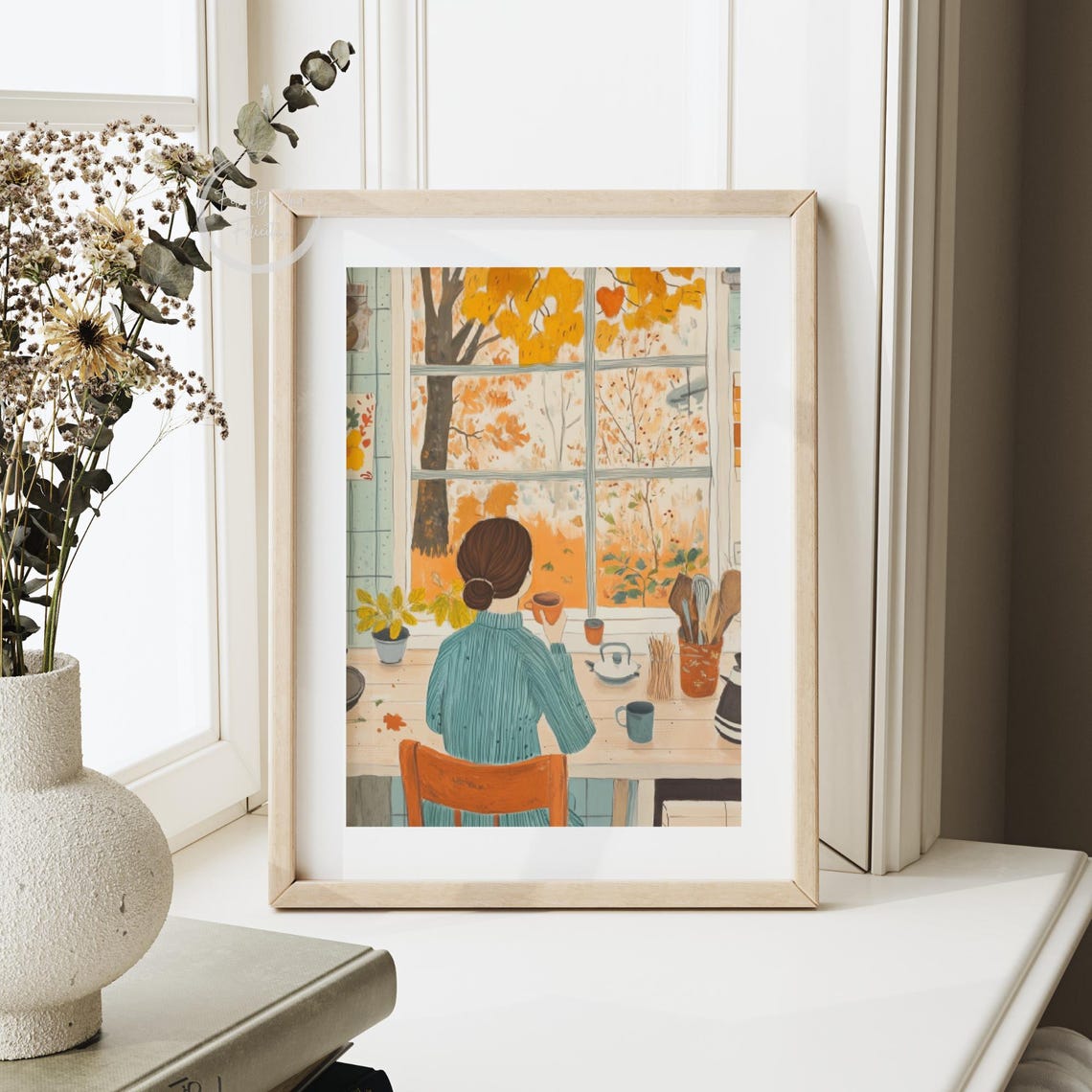 Autumn Window Woman Coffee Golden Foliage Kitchen Warm Wall Art - Image 5