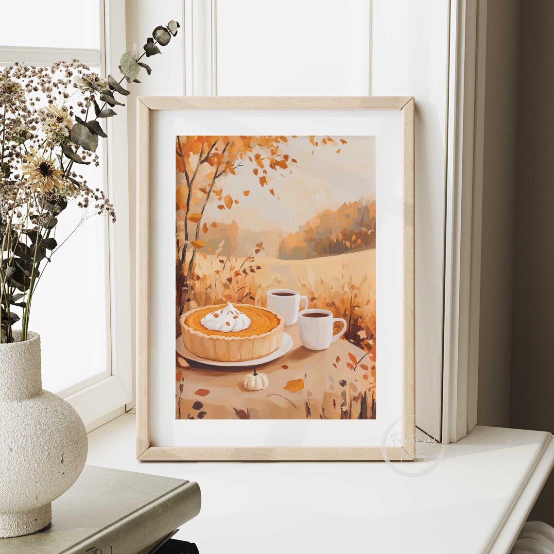 Pumpkin Pie and Coffee Cups in Golden Autumn Field Painting Poster - Image 6