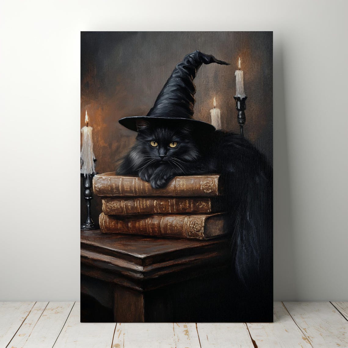 Black Cat Witch Hat Antique Books Candles Dark Halloween Wall Art - Image 5