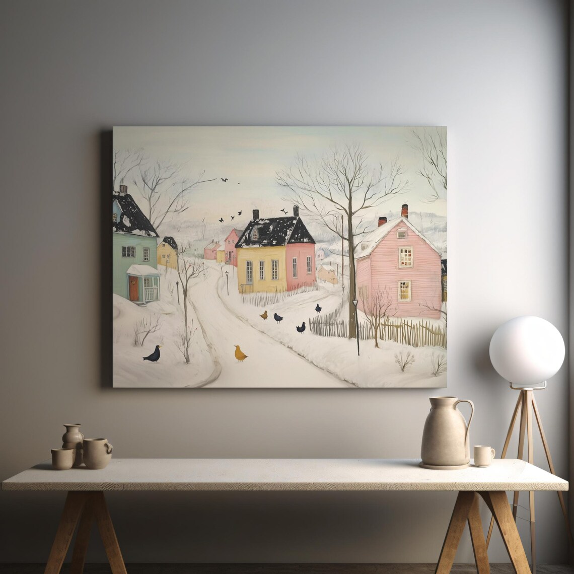 Quiet January Snowy Village Street Pastel Houses Birds Poster - Image 4