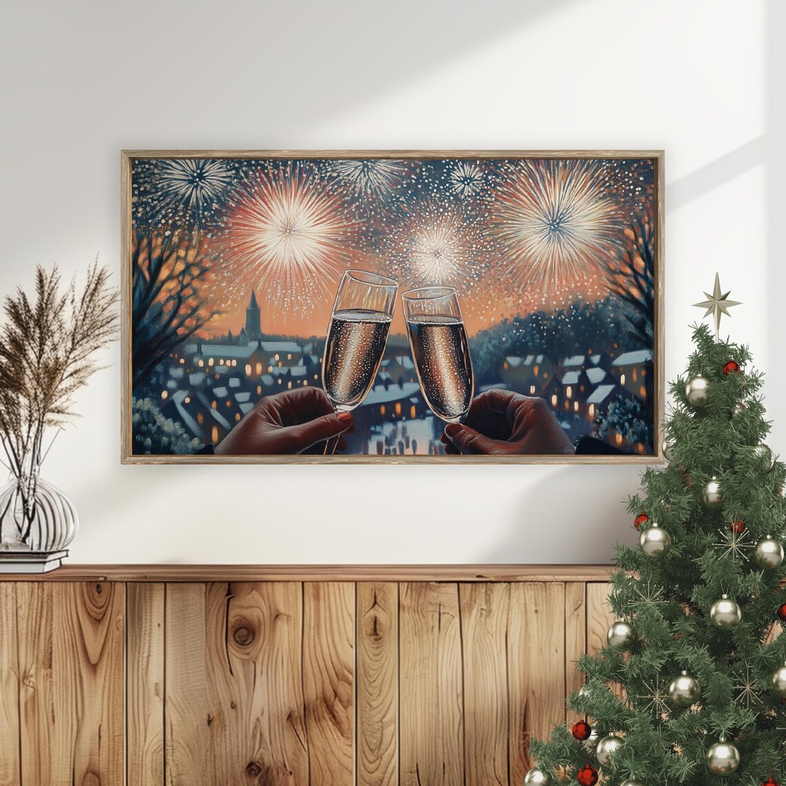 Champagne Toast Fireworks Snowy Town New Years Eve TV Art Poster - Image 5