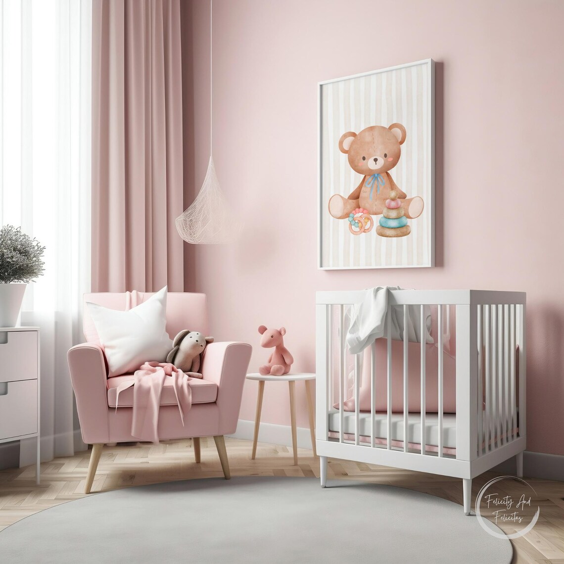 Teddy Bear with Blue Ribbon Stacking Rings Baby Toy Nursery Wall Art - Image 4