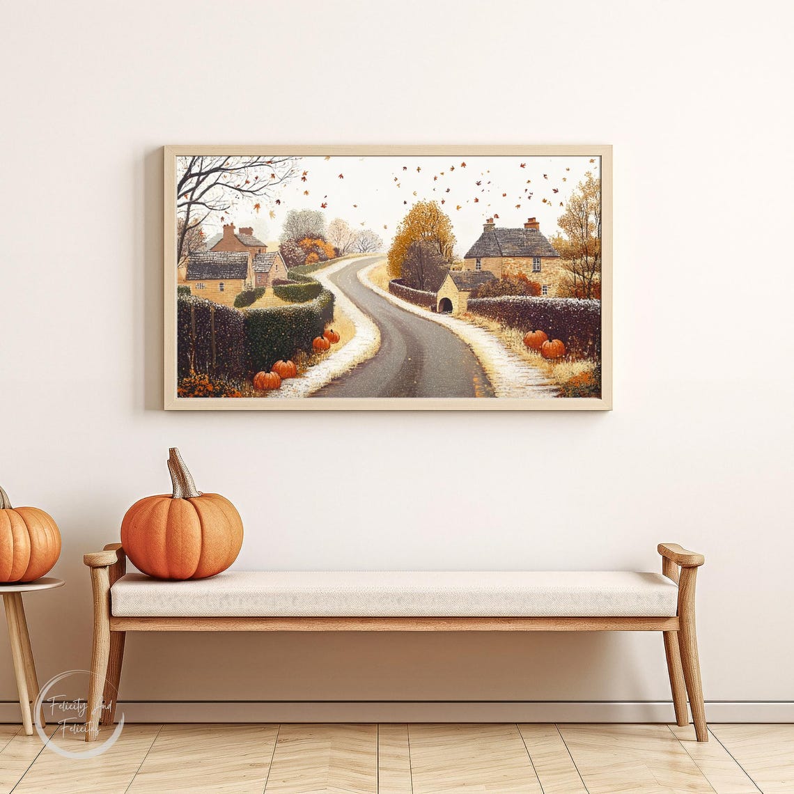 Autumn Country Road with Cottages Pumpkins and Falling Leaves Poster - Image 6