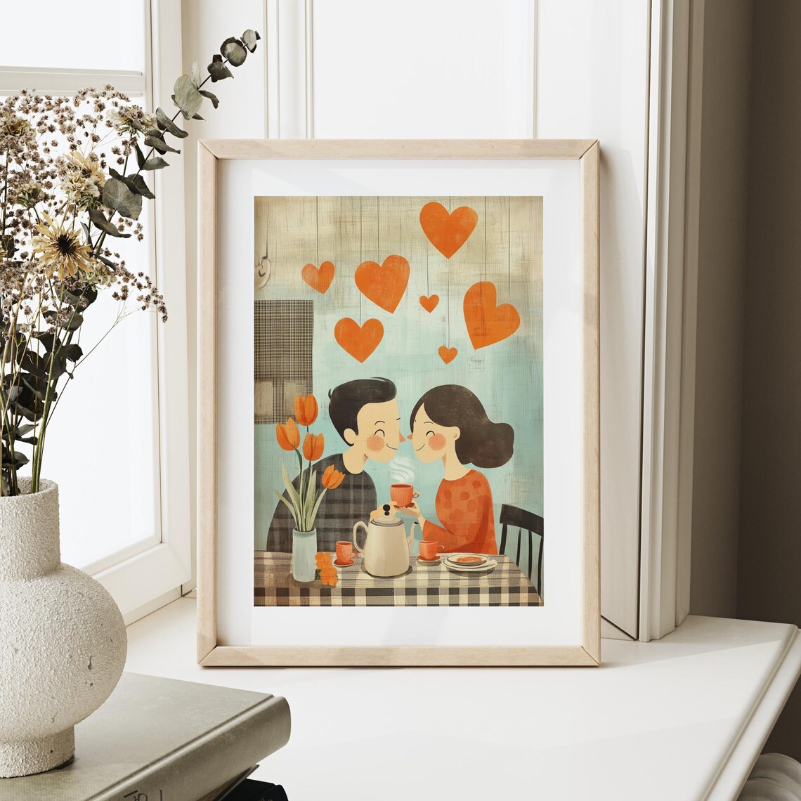 Retro Valentines Day Couple Tea Hearts Tulips Love Sweet Wall Art - Image 4