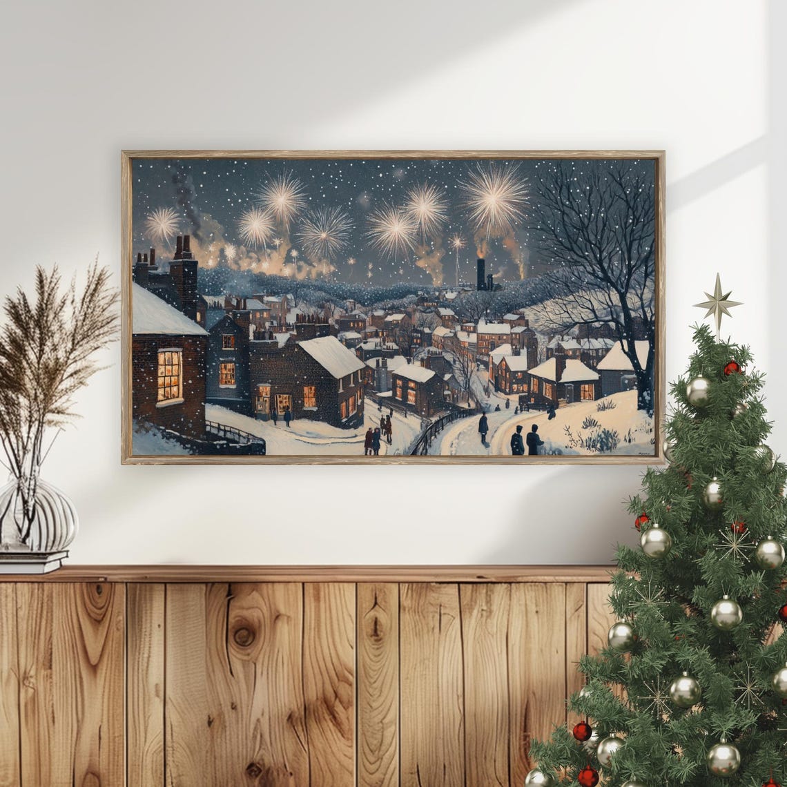 Snowy Village Fireworks Night Winter Holiday Frame TV Art Poster - Image 5