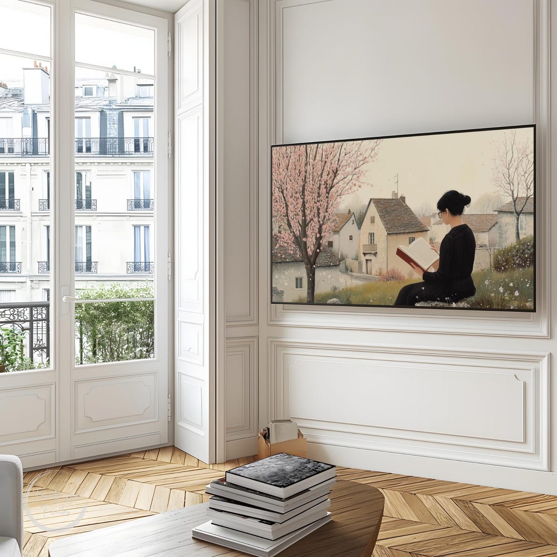 Spring Reading Woman Book Cherry Blossom Tree Village Poster - Image 3