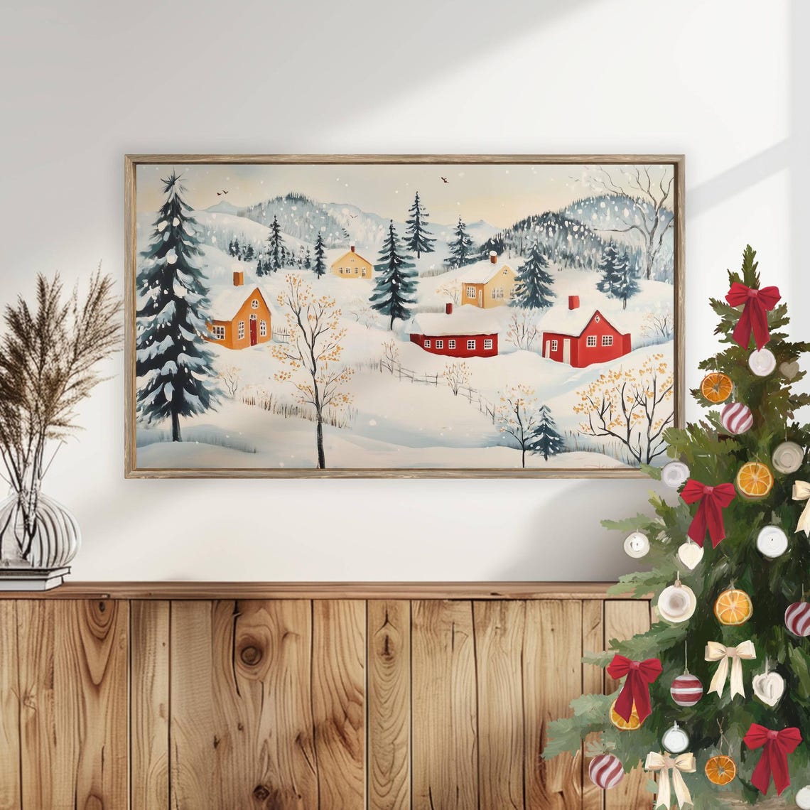 Winter Mountain Cabins In Snowfall Evergreen Trees Scene Poster - Image 6