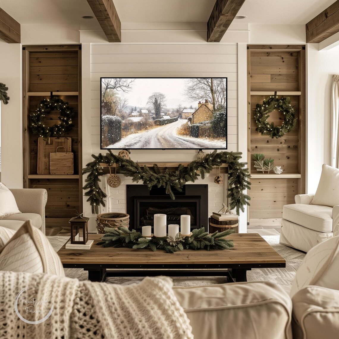 Winter Snowy Country Lane Cottages Falling Snow Frame TV Art Poster - Image 4