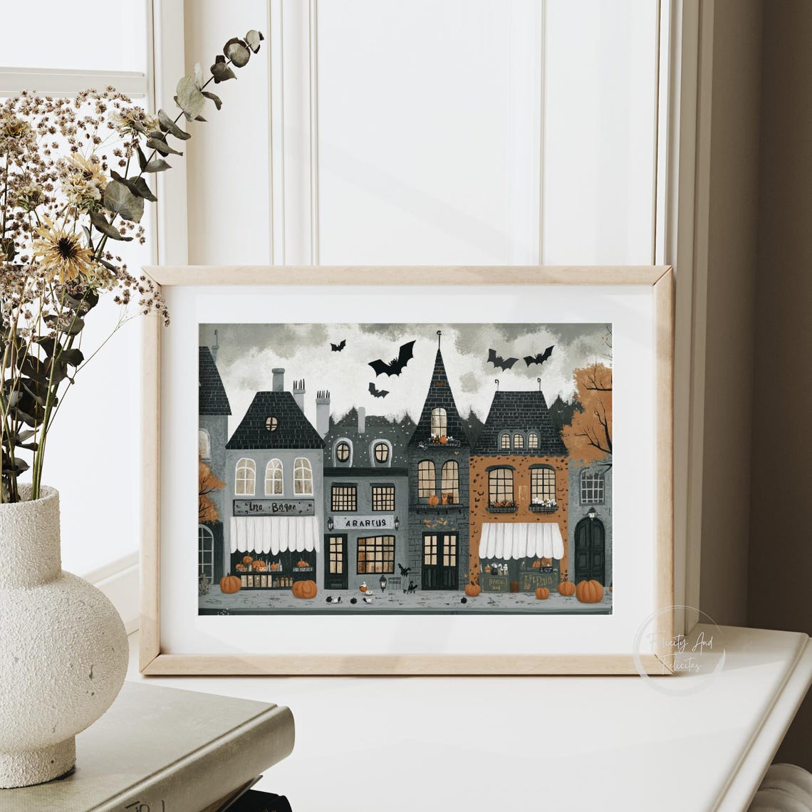 Haunted Halloween Shops Street Bats Pumpkins Whimsical Poster - Image 4