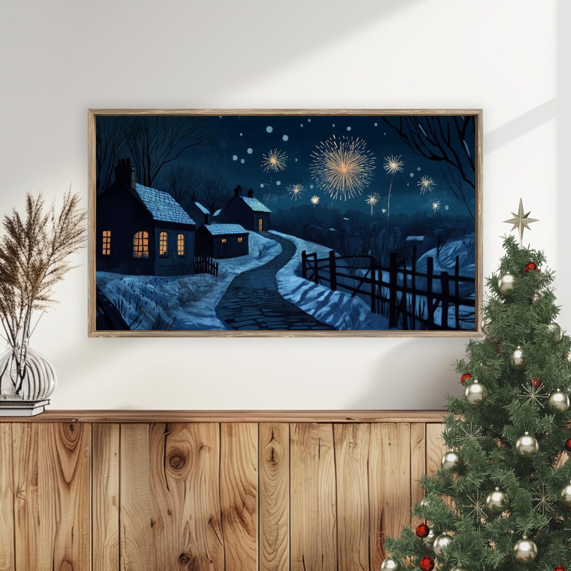 Snowy Village Night Fireworks Winter Celebration Frame TV Art Poster - Image 5