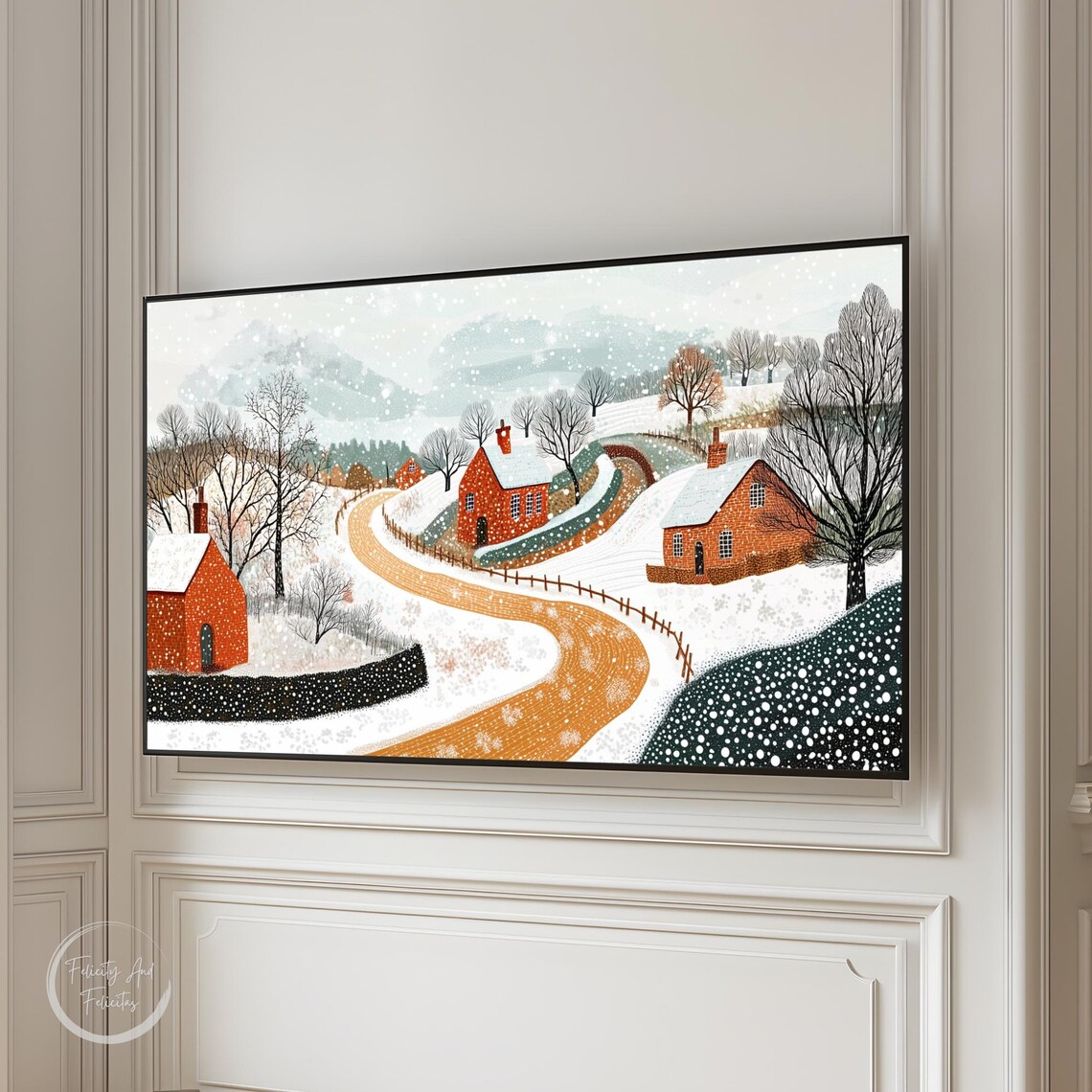 Winter Snowy Road Red Cottages Falling Snow Landscape Poster - Image 4