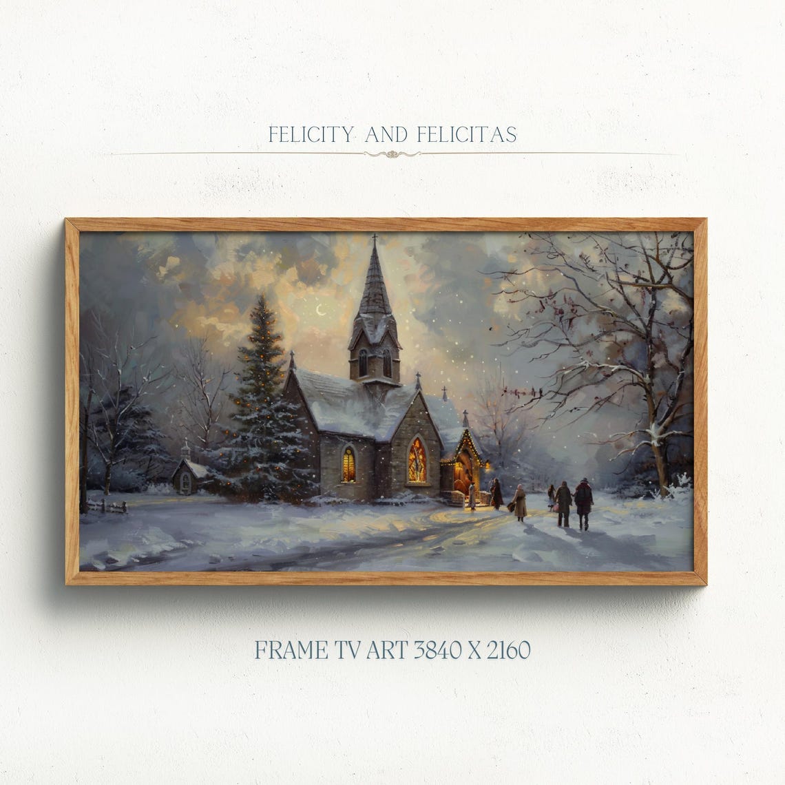 Snowy Church on Christmas Eve Night in Falling Snow Winter Poster