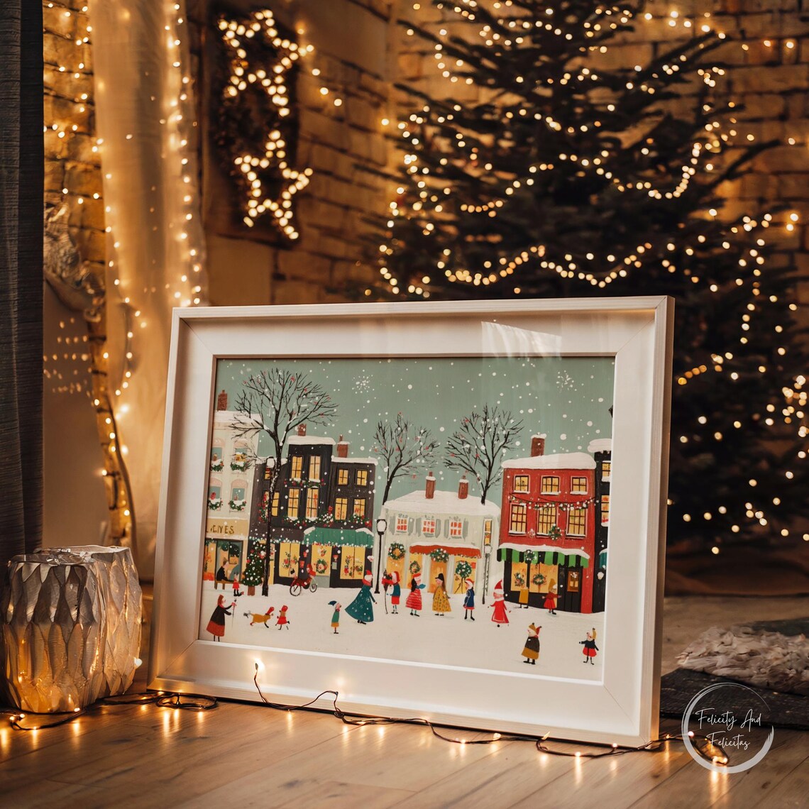 Cheerful Christmas Village Street Snow Shops Children Wall Art - Image 5