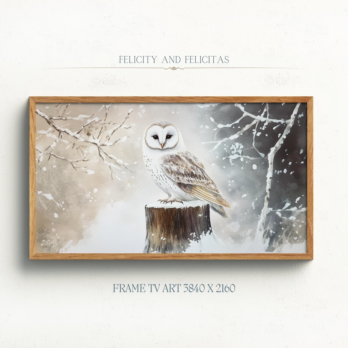 Barn Owl Snowy Branch Watercolor Winter Wildlife Animal Portrait Poster