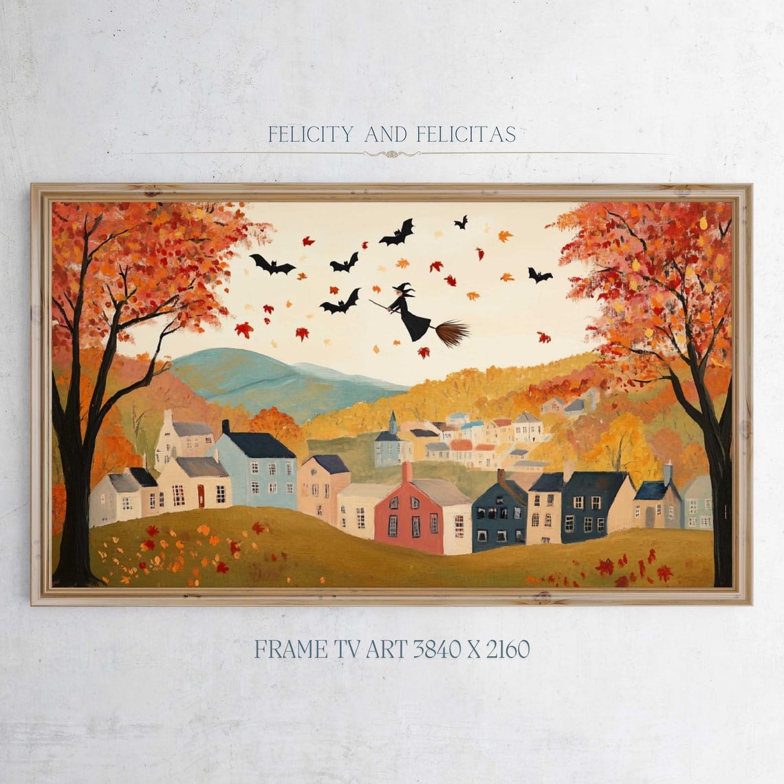 Witch Flying Broomstick Bats Autumn Village Halloween Art Poster