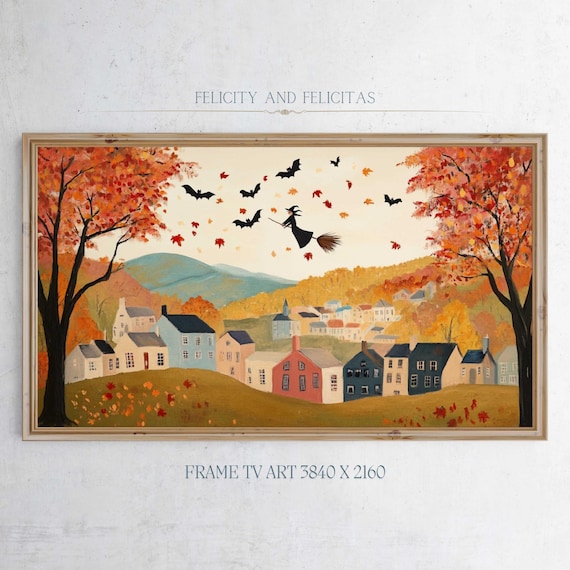 Witch Flying Broomstick Bats Autumn Village Halloween Art Poster