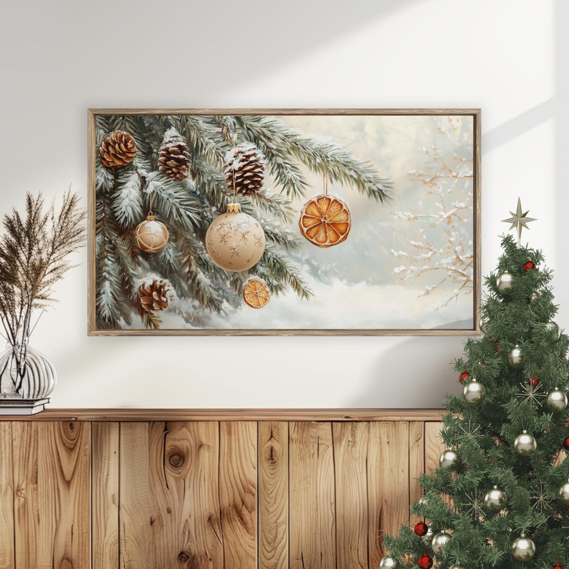 Snowy Pine Branch with Ornaments Pinecones and Orange Slices Poster - Image 4