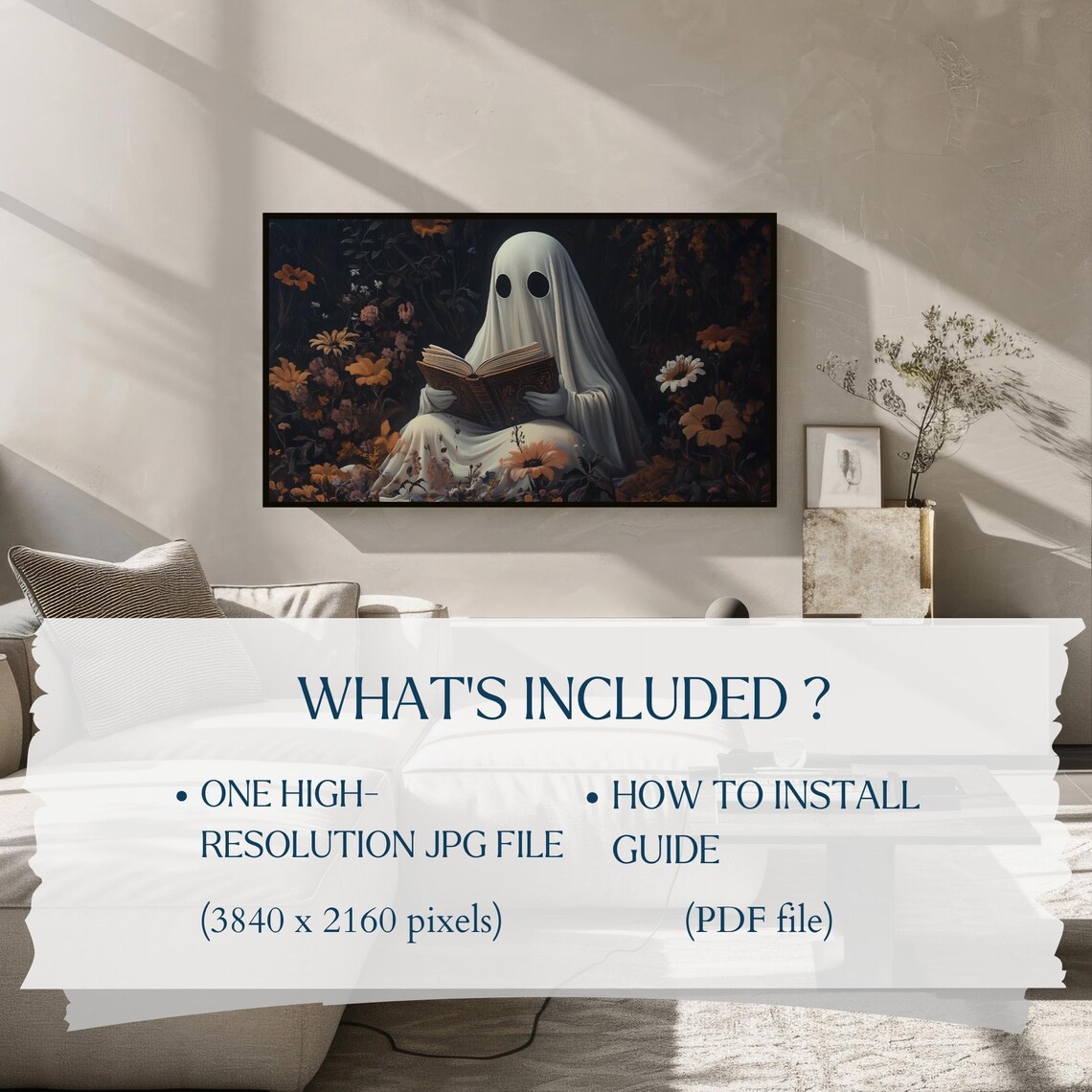 Ghost Reading Book Among Dark Autumn Flowers Moody Halloween Frame TV Art Poster - Image 2