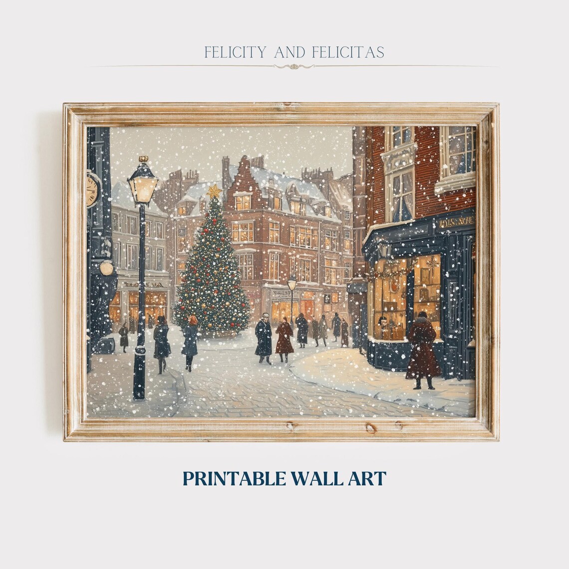 Vintage Winter Street Christmas Tree Square Shoppers Snow Poster