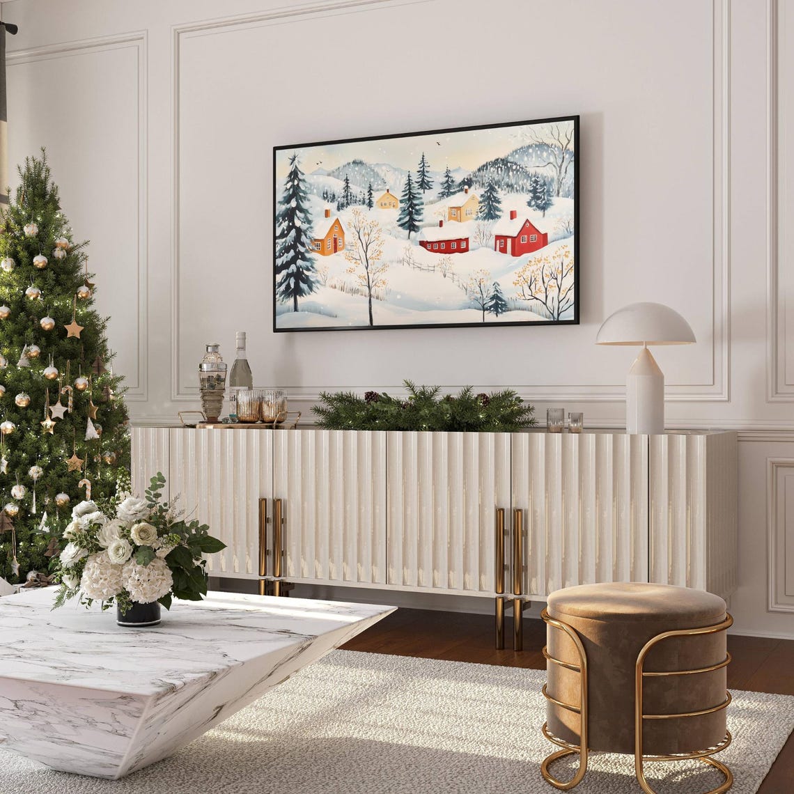 Winter Mountain Cabins In Snowfall Evergreen Trees Scene Poster - Image 5