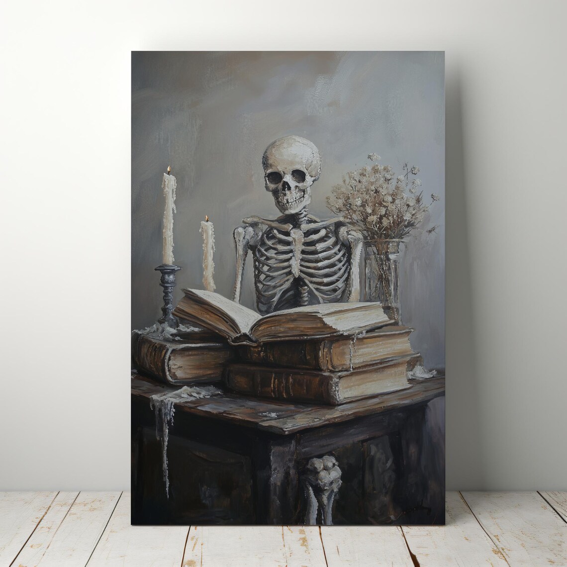 Skeleton Behind Stack of Old Books Candles Moody Dark Academia Art Poster - Image 5