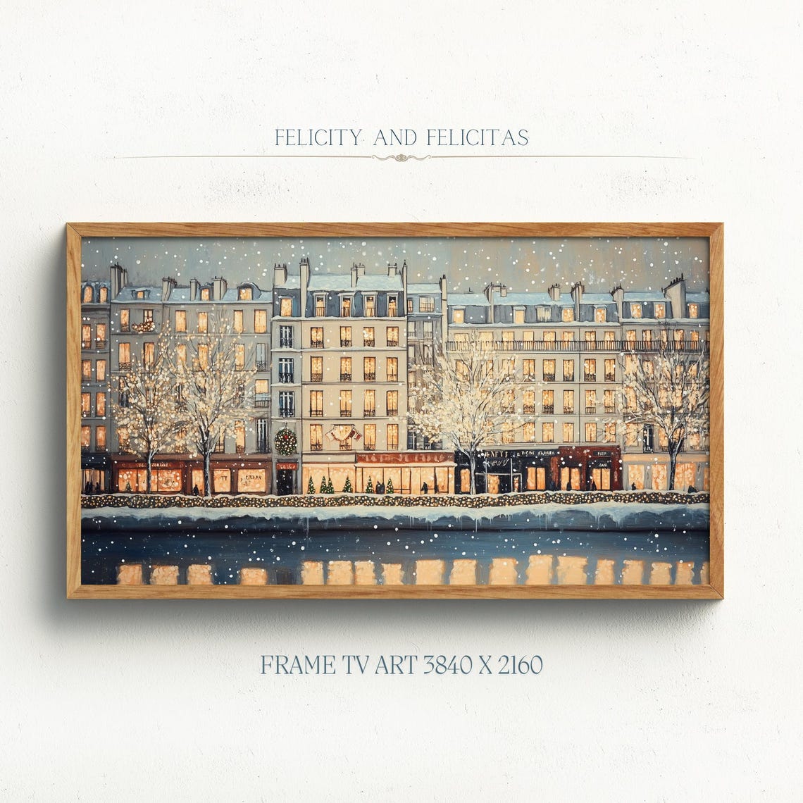 Snowy European City Evening River Reflection Lights Wall Art