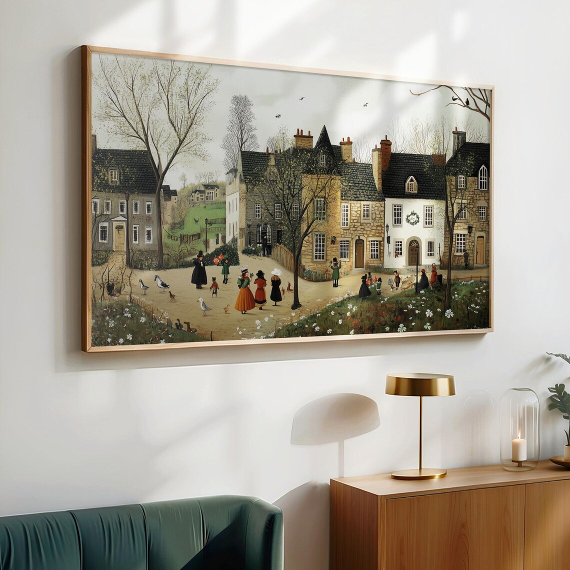 Village Street Spring Dresses Geese Flowers Vintage Wall Art - Image 6