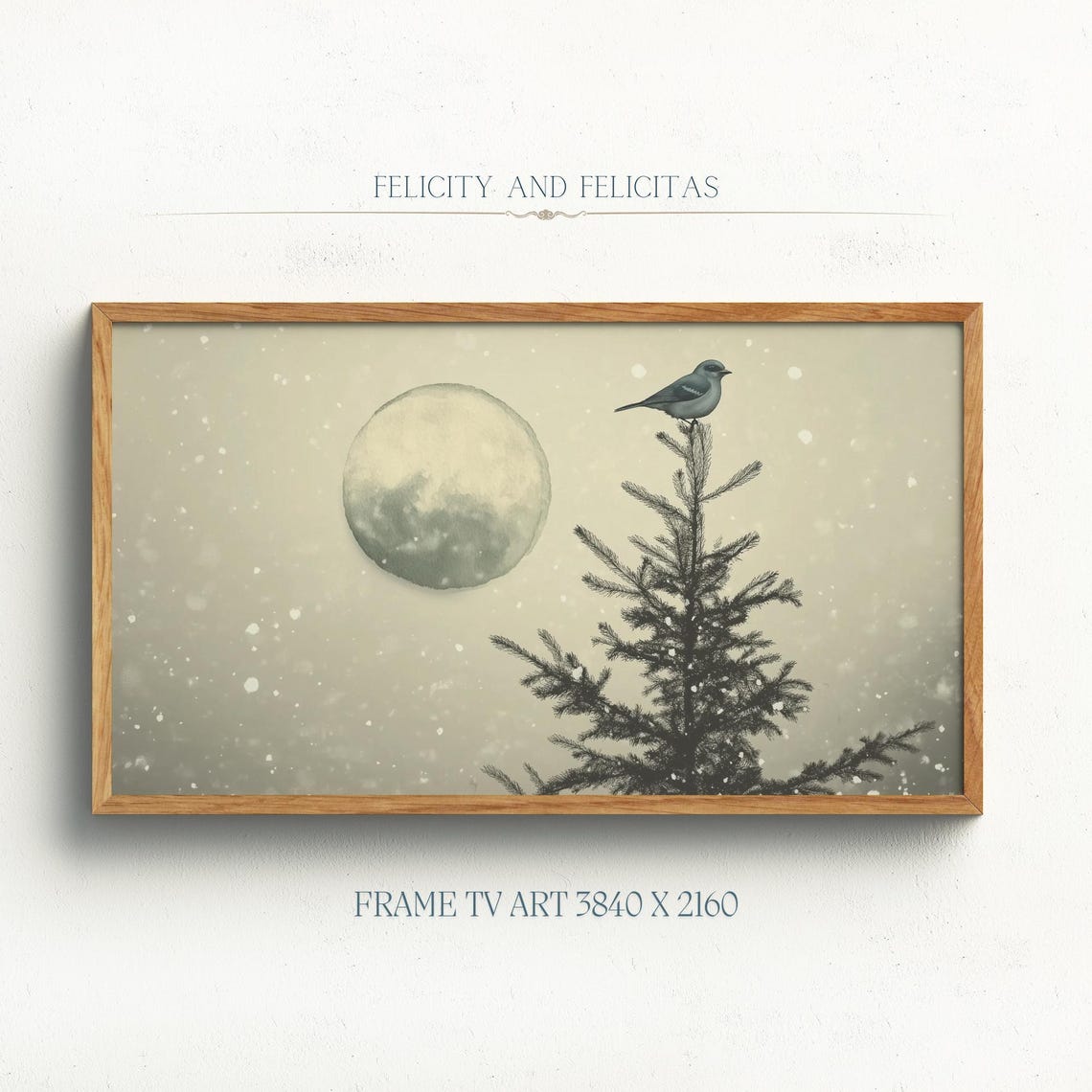 Winter Bird on Evergreen Treetop Full Moon Snowfall Scene Poster