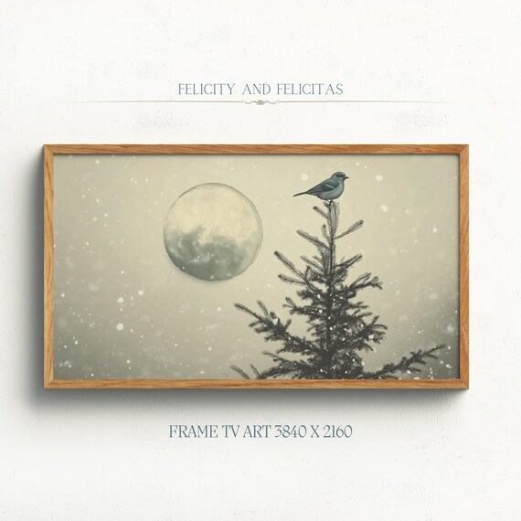 Winter Bird on Evergreen Treetop Full Moon Snowfall Scene Poster
