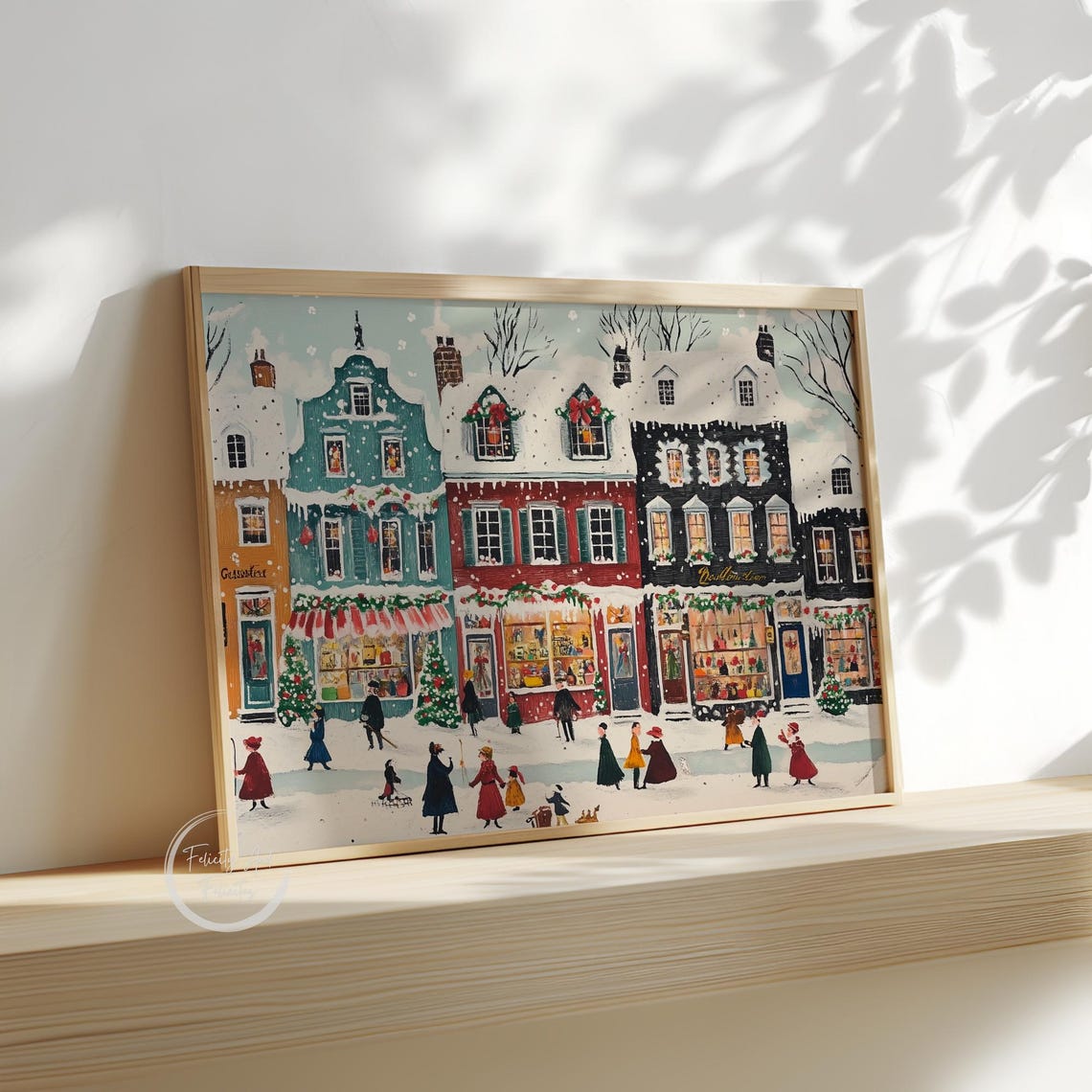 Cheerful Snowy Christmas Town Street Storefronts Joyful Wall Art - Image 3