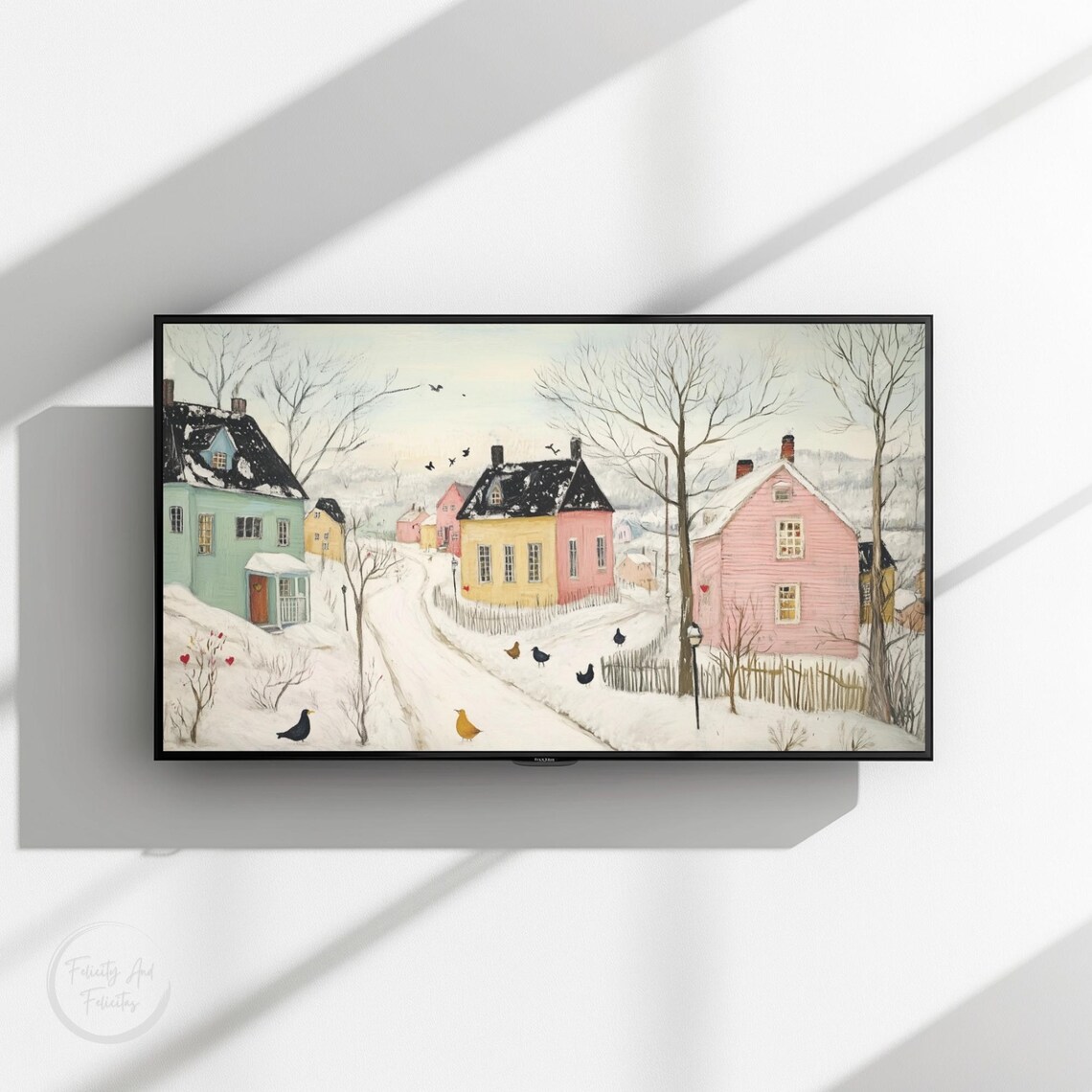 Pastel Snowy Village Street with Winter Birds Frame TV Art Poster - Image 3
