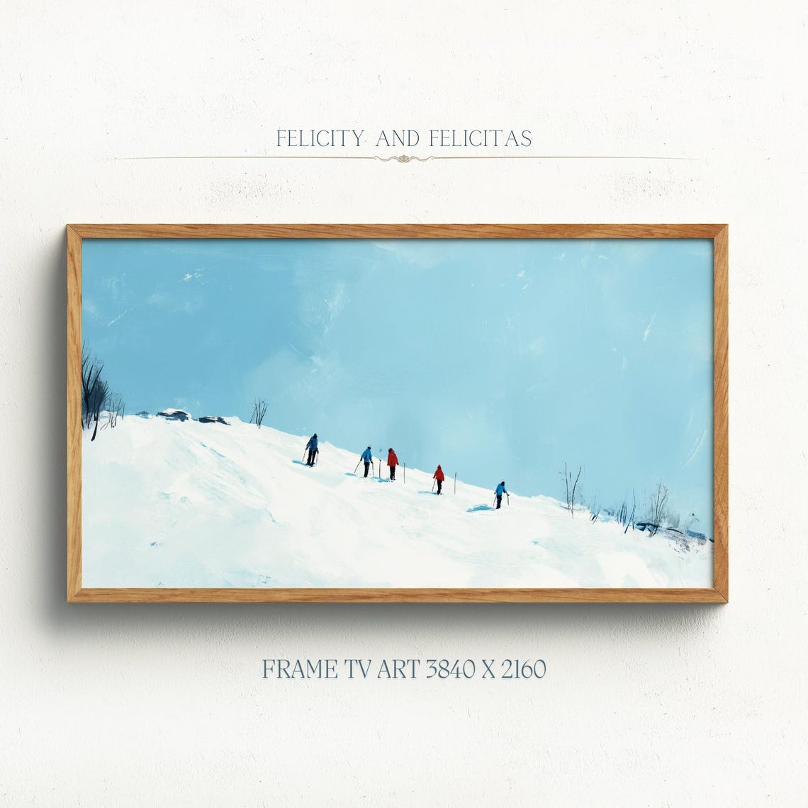 Minimalist Skiers Snowy Hill Blue Winter Frame TV Art Poster