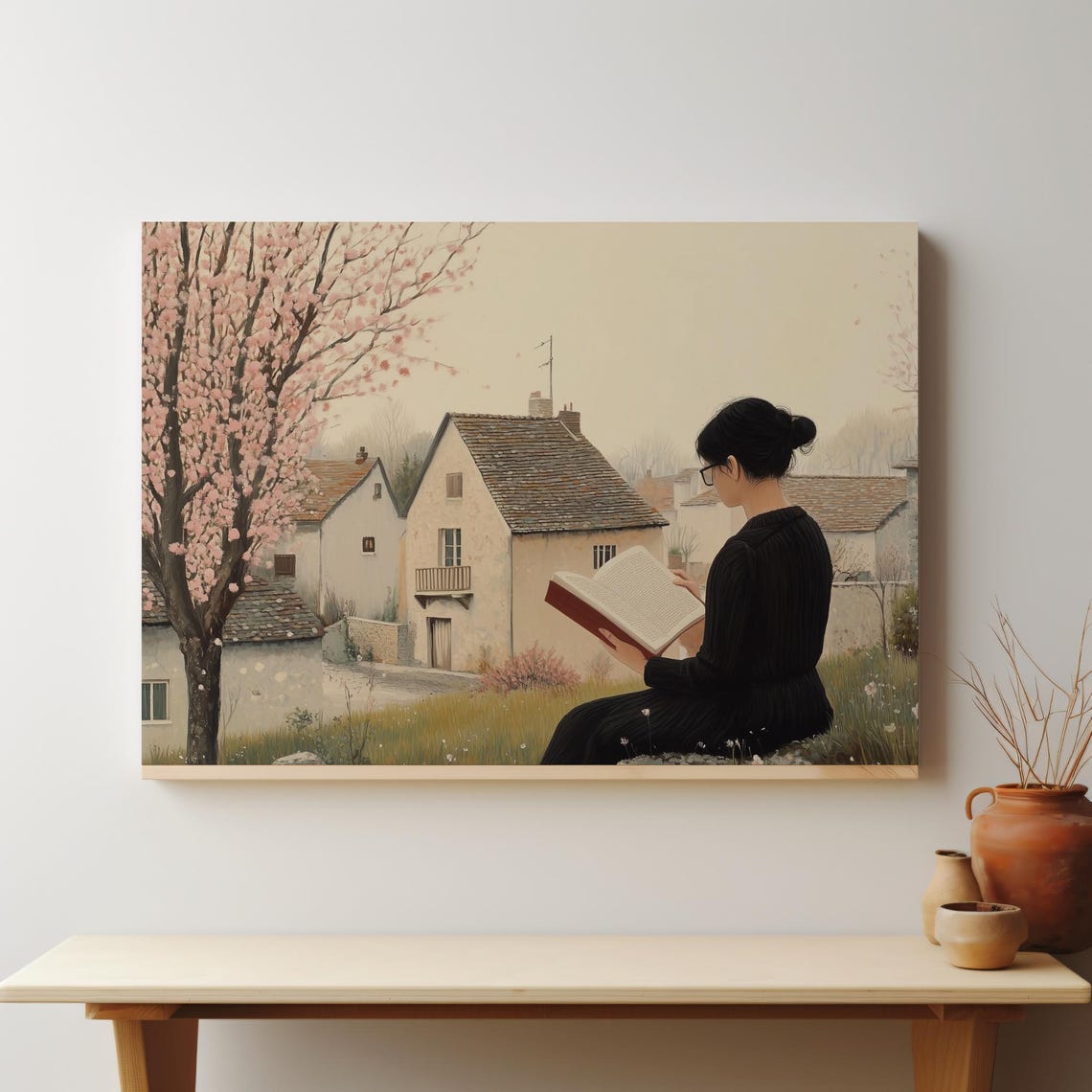 Woman Reading Book Under Blossoming Tree Spring Village Poster - Image 4