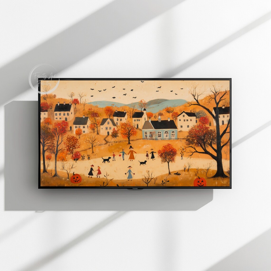 Folk Art Halloween Village Orange Autumn Trick Or Treat Poster - Image 3
