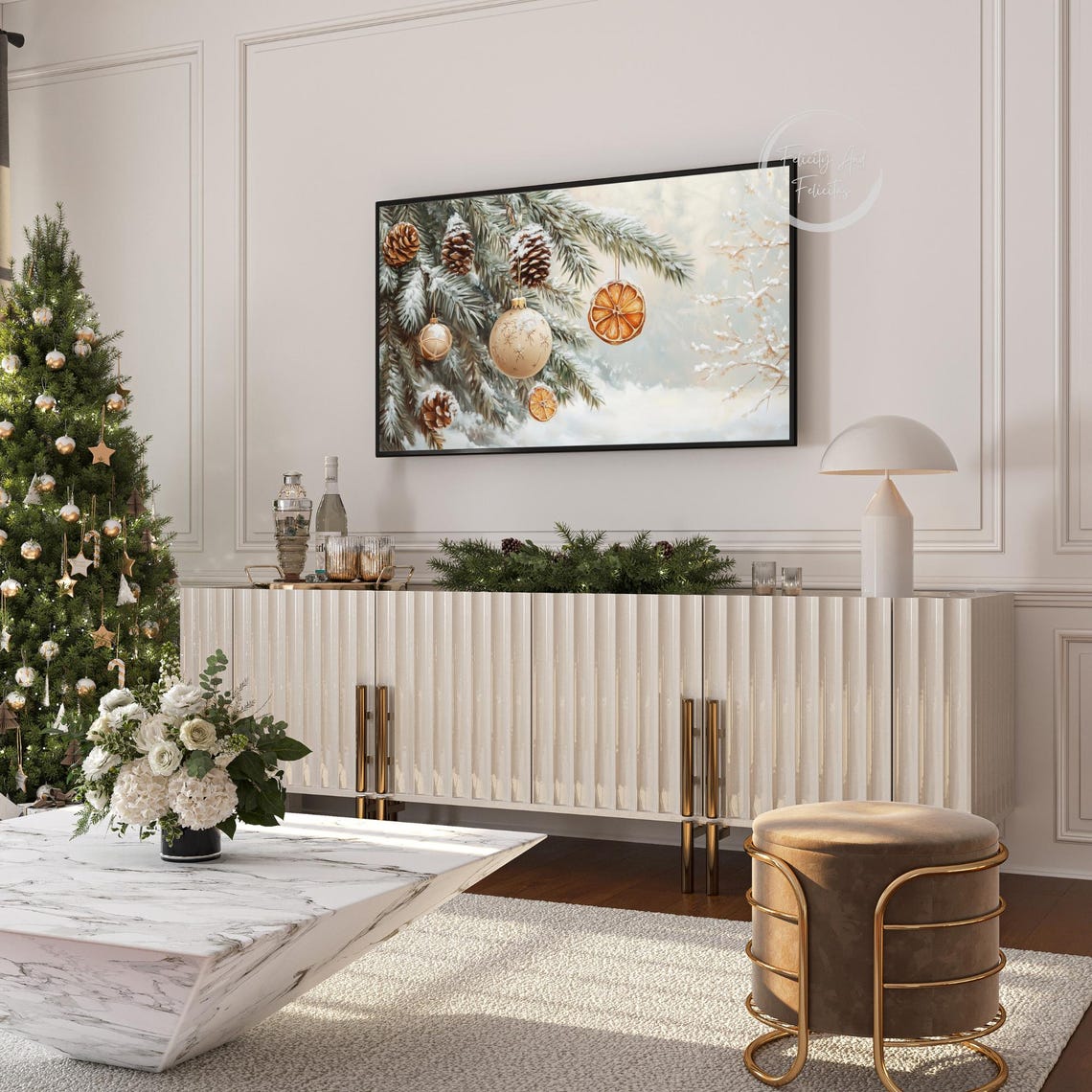 Snowy Pine Branch with Ornaments Pinecones and Orange Slices Poster - Image 6