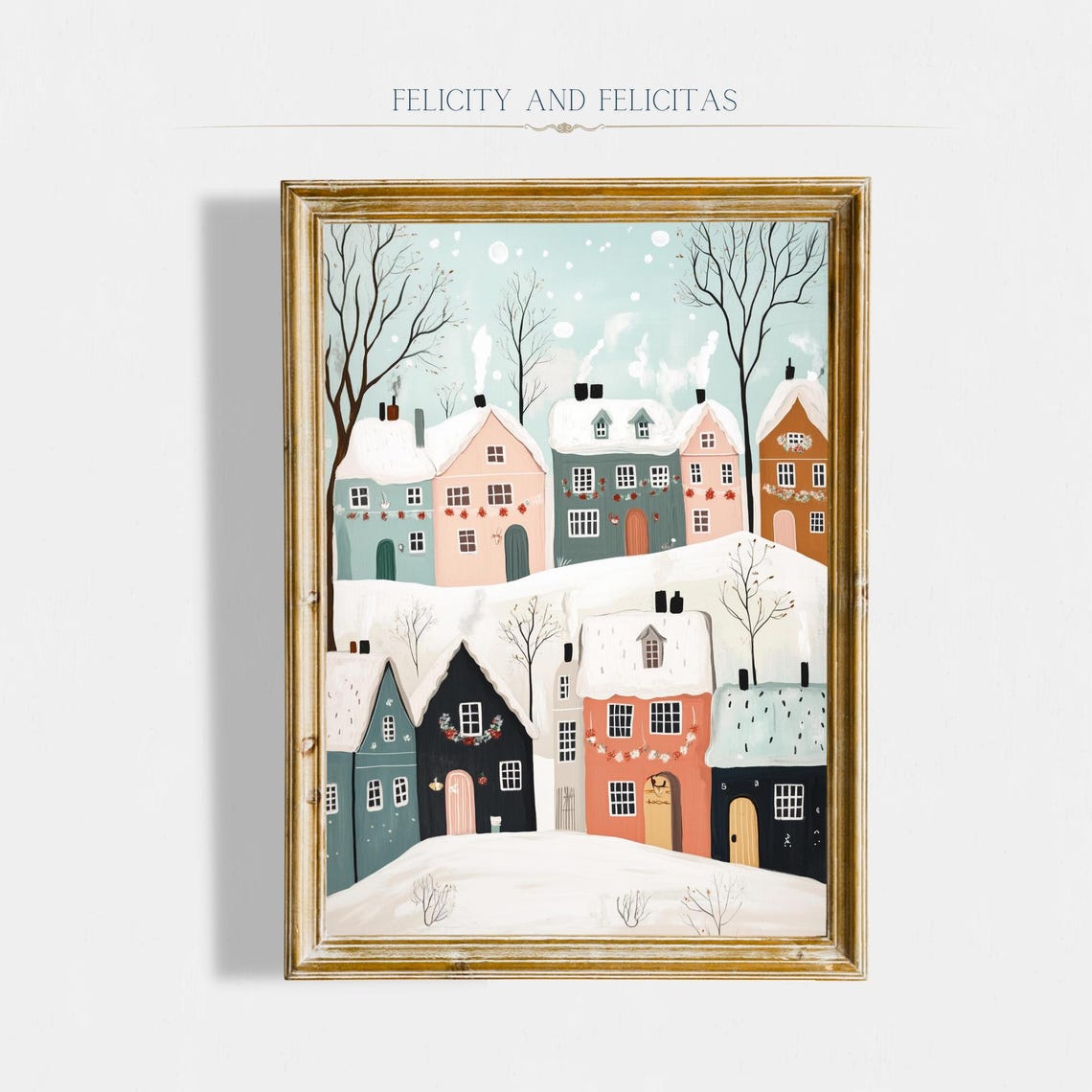 Cozy Pastel Winter Village Colorful Houses Falling Snow Poster